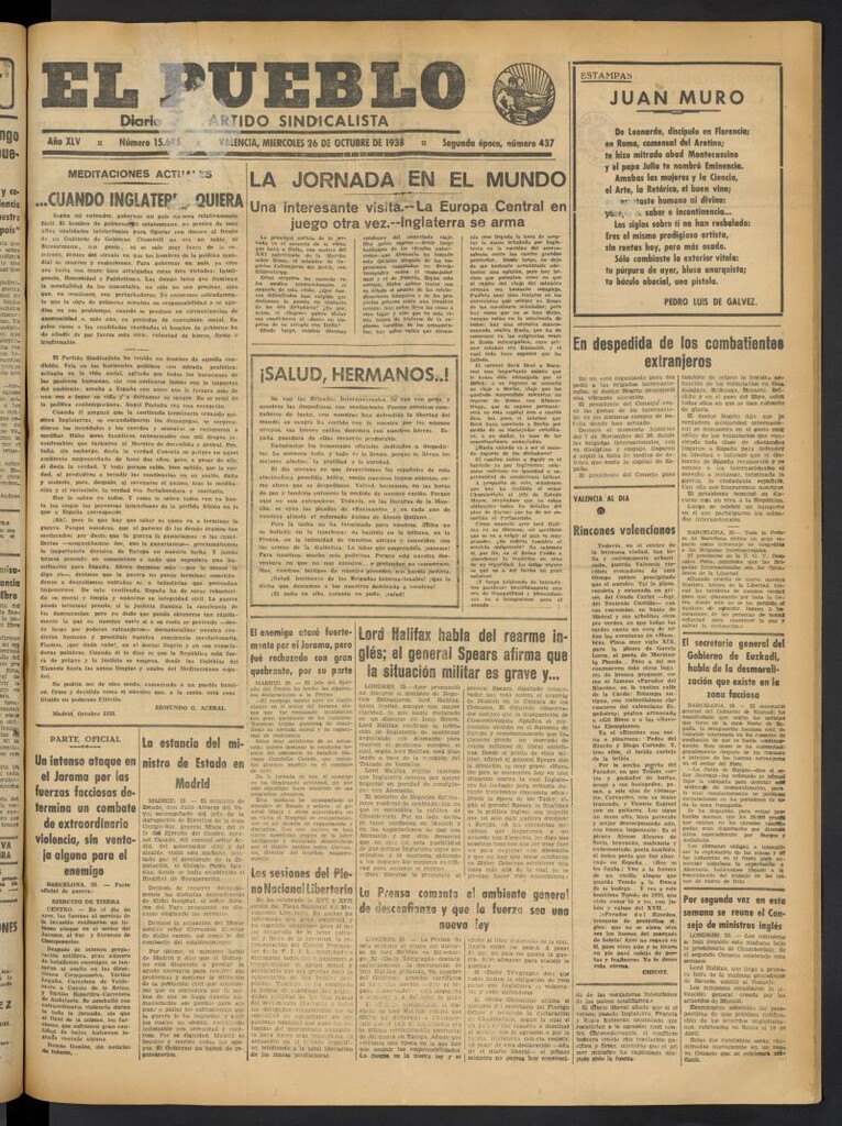 Miniatura de El Pueblo : Diario republicano de Valencia del 26 de octubre de 1938, nº 15.683