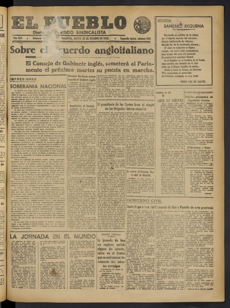 Miniatura de El Pueblo : Diario republicano de Valencia del 27 de octubre de 1938, nº 15.684