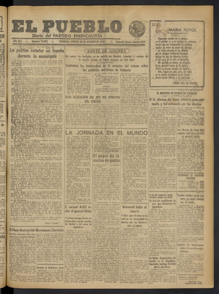 Miniatura de El Pueblo : Diario republicano de Valencia del 28 de octubre de 1938, nº 15.685