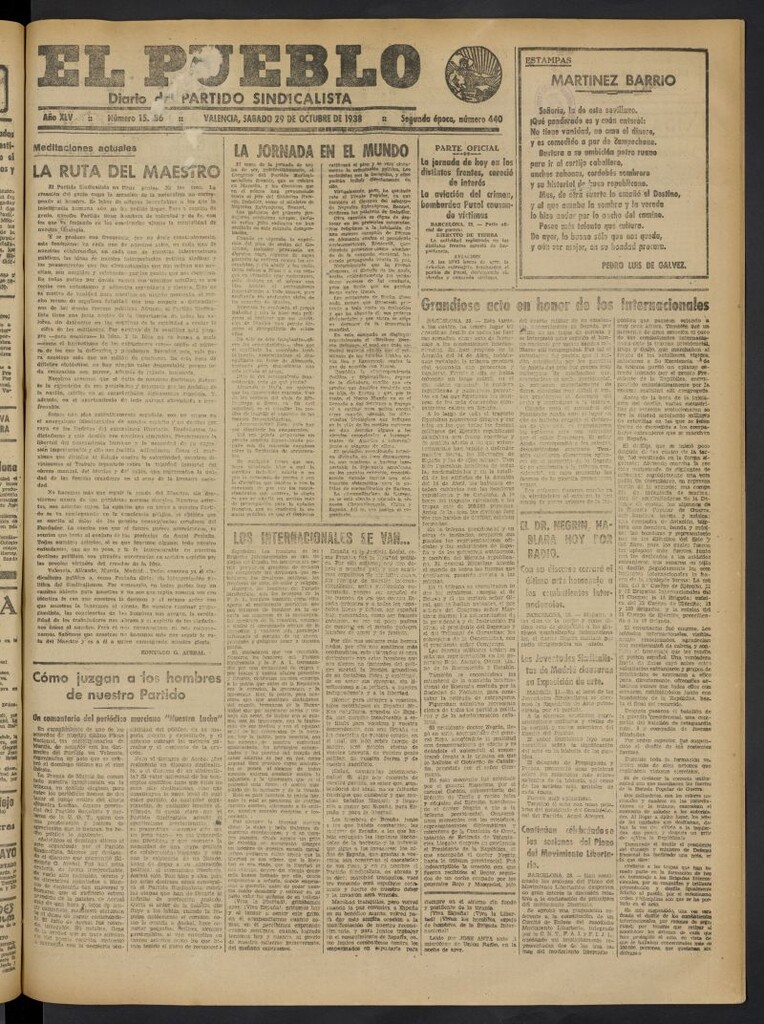 Miniatura de El Pueblo : Diario republicano de Valencia del 29 de octubre de 1938, nº 15.686