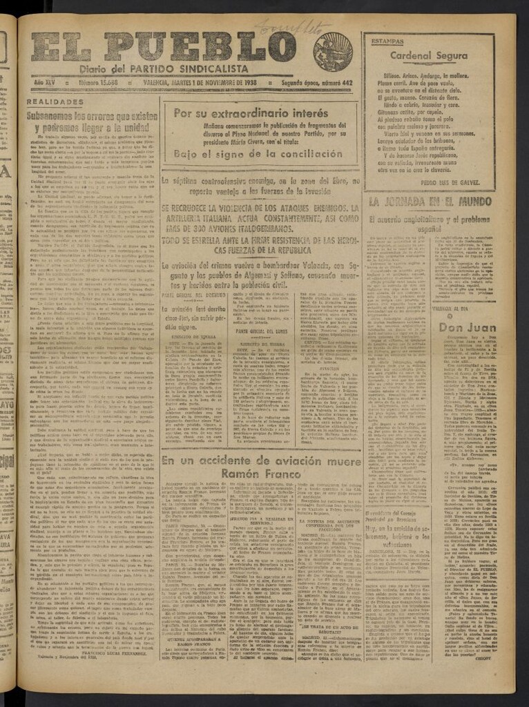 Miniatura de El Pueblo : Diario republicano de Valencia del 1 de noviembre de 1938, nº 15.688