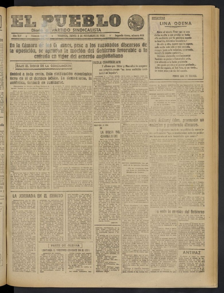 Miniatura de El Pueblo : Diario republicano de Valencia del 3 de noviembre de 1938, nº 15.690