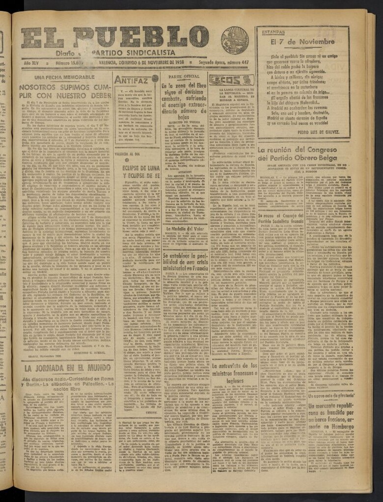 Miniatura de El Pueblo : Diario republicano de Valencia del 6 de noviembre de 1938, nº 15.693