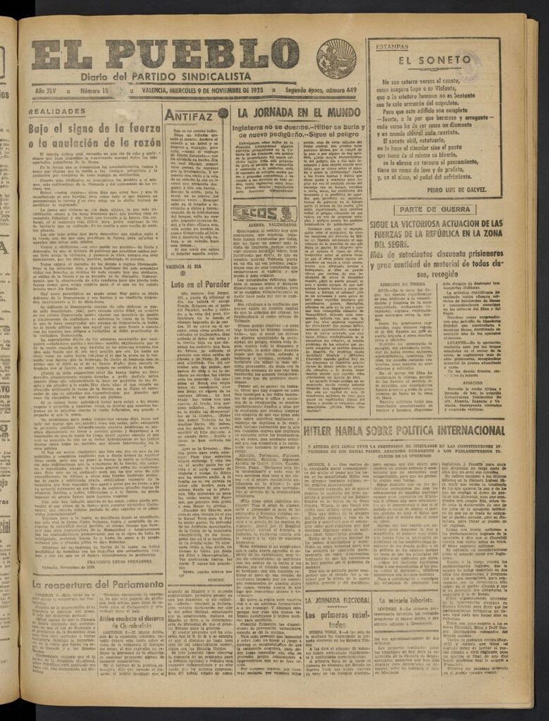 Miniatura de El Pueblo : Diario republicano de Valencia del 9 de noviembre de 1938, nº 15.695