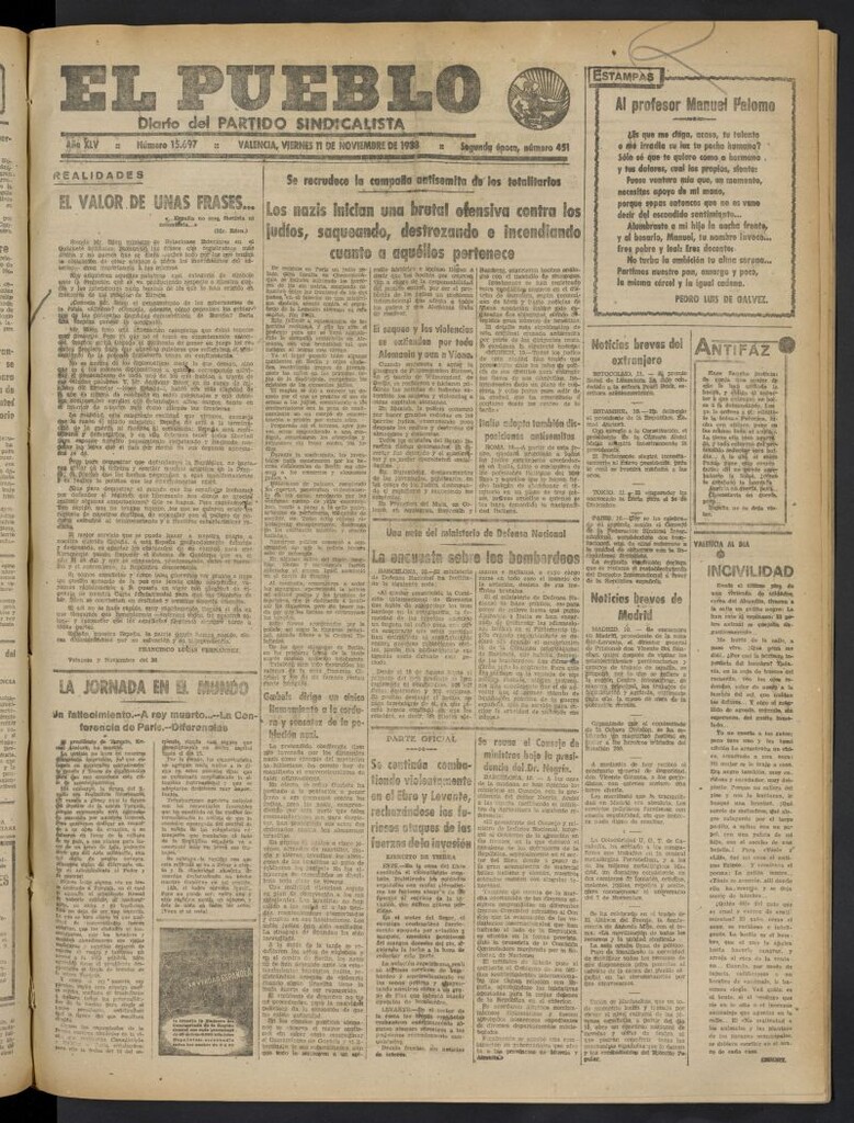 Miniatura de El Pueblo : Diario republicano de Valencia del 11 de noviembre de 1938, nº 15.697