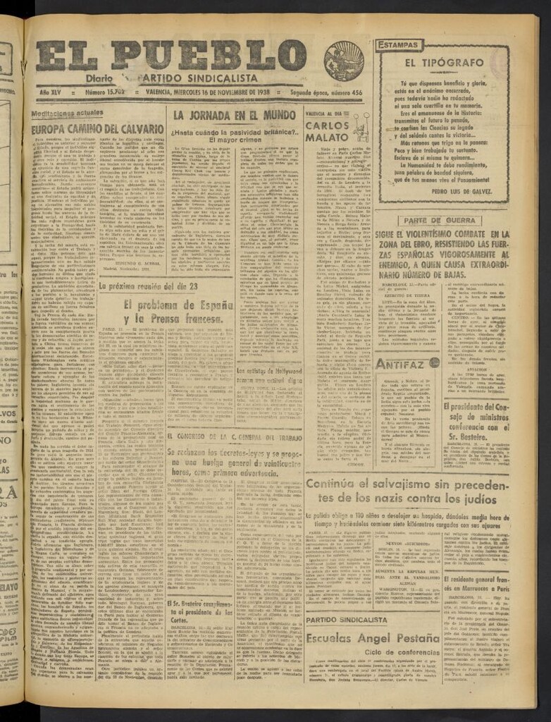 Miniatura de El Pueblo : Diario republicano de Valencia del 16 de noviembre de 1938, nº 15.702