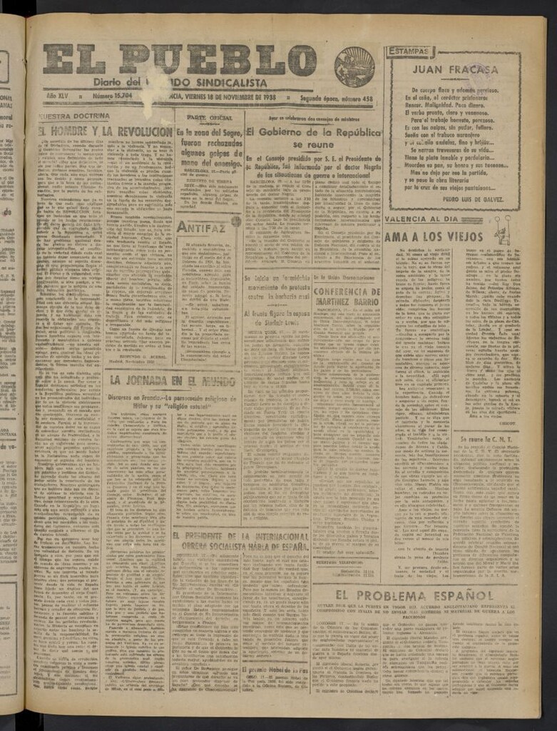 Miniatura de El Pueblo : Diario republicano de Valencia del 18 de noviembre de 1938, nº 15.704