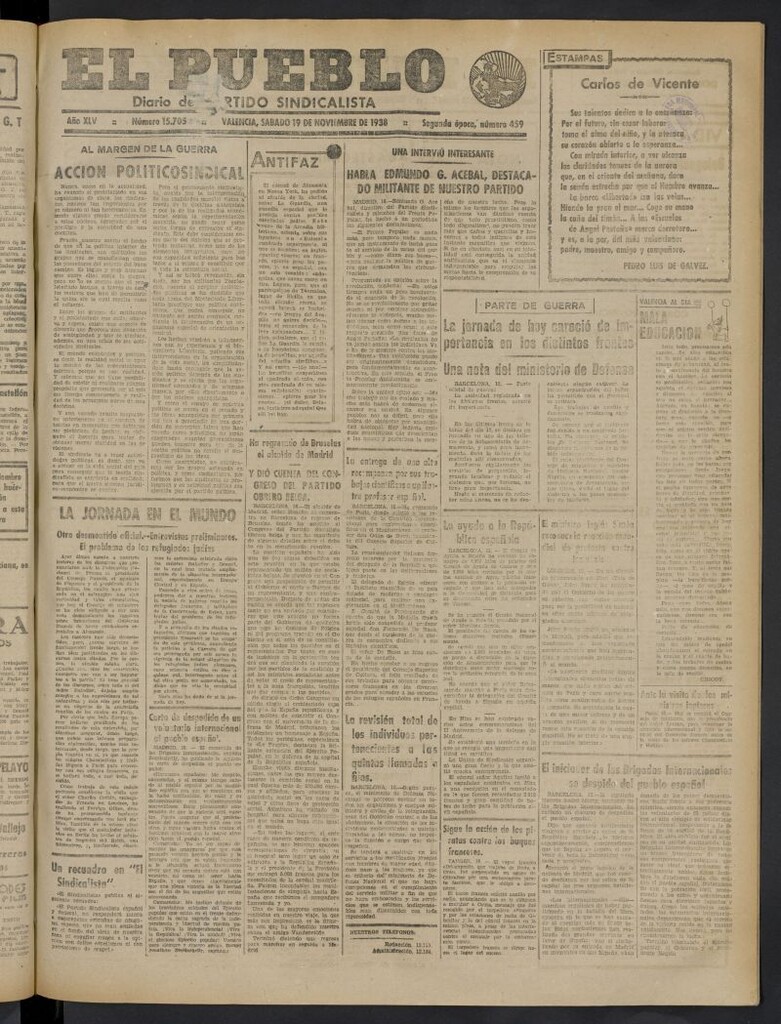 Miniatura de El Pueblo : Diario republicano de Valencia del 19 de noviembre de 1938, nº 15.705