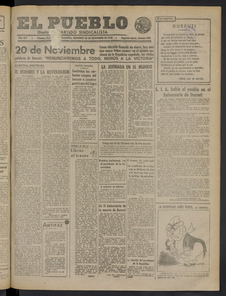 Miniatura de El Pueblo : Diario republicano de Valencia del 20 de noviembre de 1938, nº 15.706