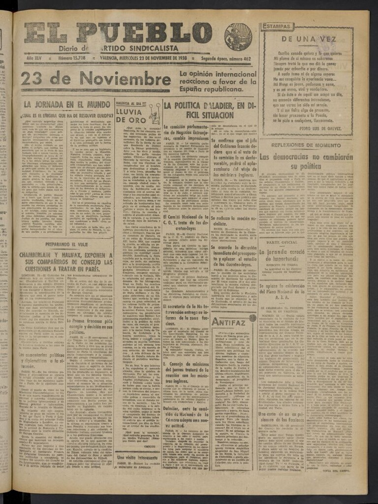 Miniatura de El Pueblo : Diario republicano de Valencia del 23 de noviembre de 1938, nº 15.708