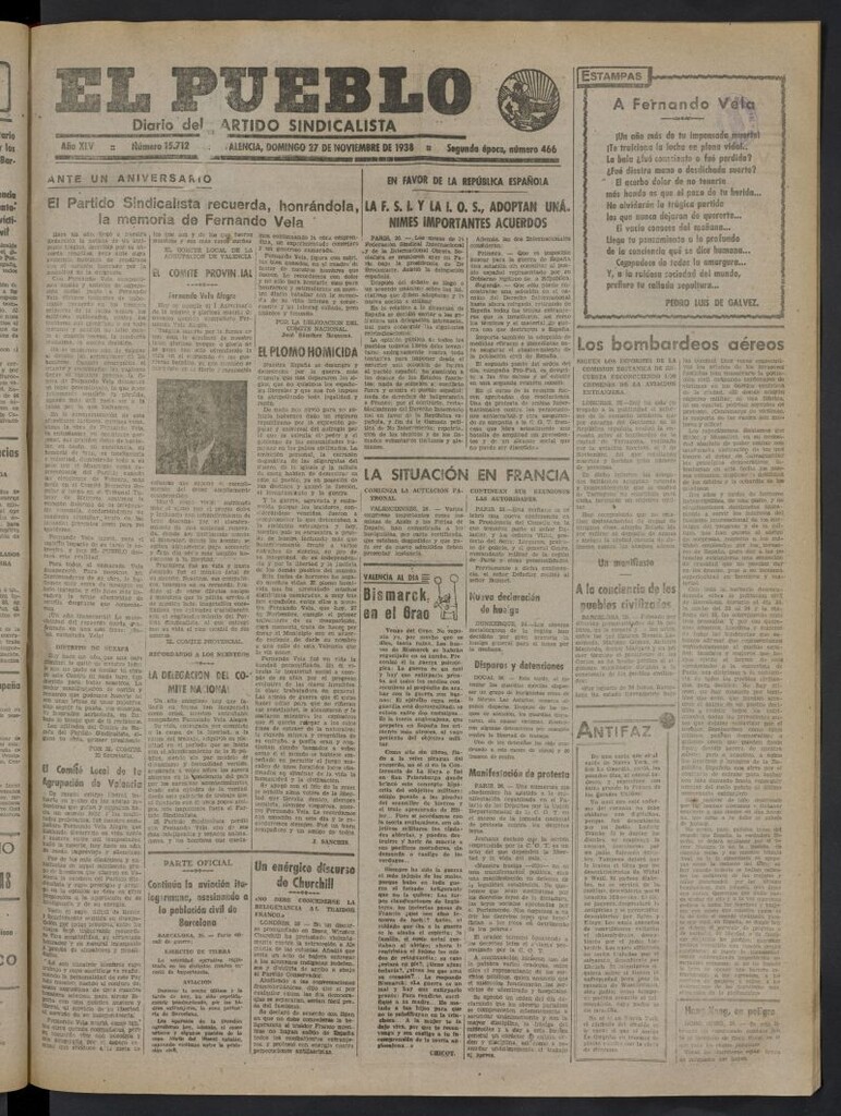 Miniatura de El Pueblo : Diario republicano de Valencia del 27 de noviembre de 1938, nº 15.712