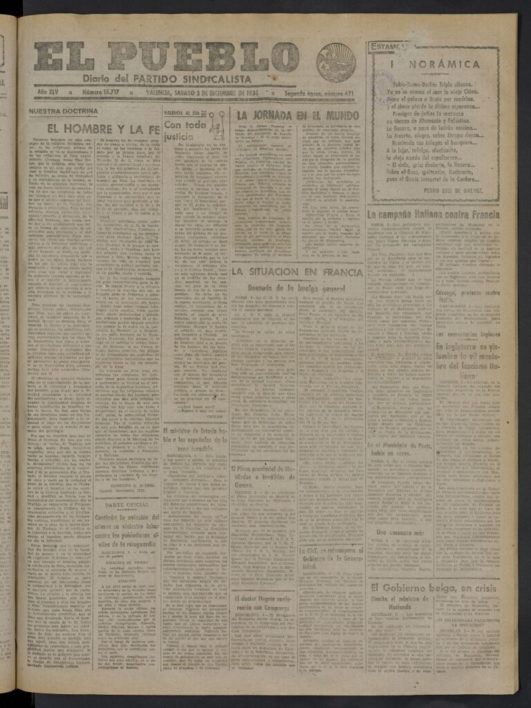 Miniatura de El Pueblo : Diario republicano de Valencia del 3 de diciembre de 1938, nº 15.717