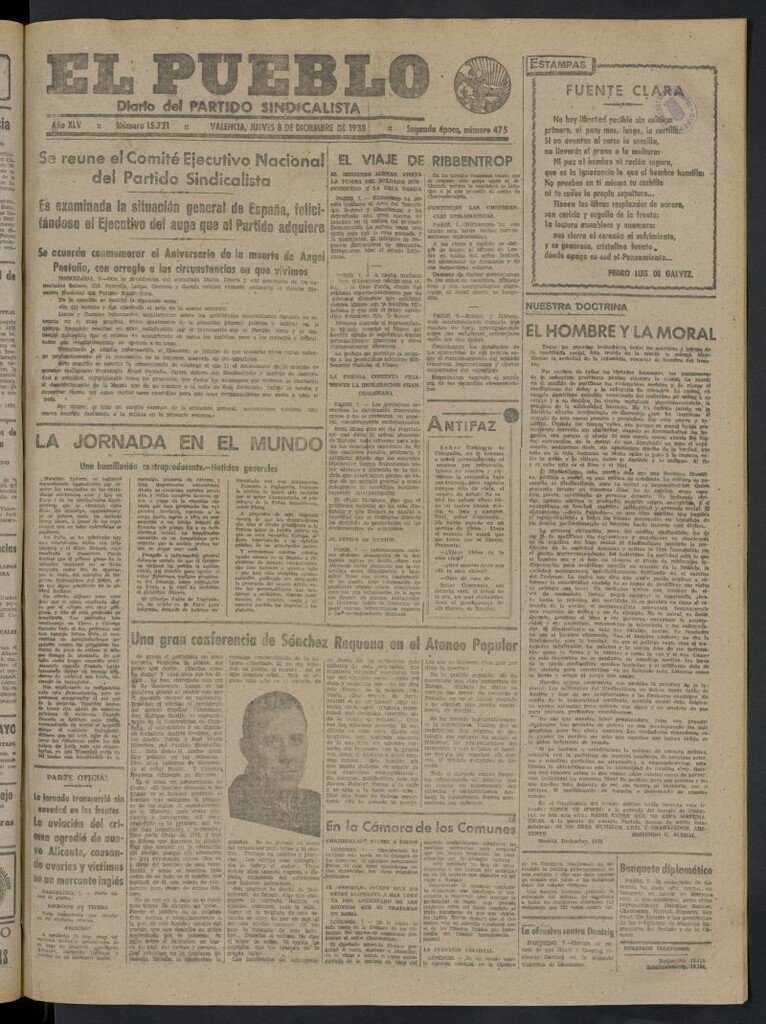 Miniatura de El Pueblo : Diario republicano de Valencia del 8 de diciembre de 1938, nº 15.721