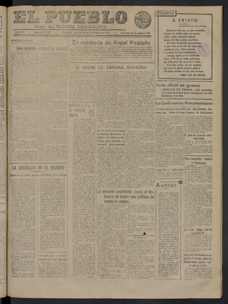 Miniatura de El Pueblo : Diario republicano de Valencia del 10 de diciembre de 1938, nº 15.723