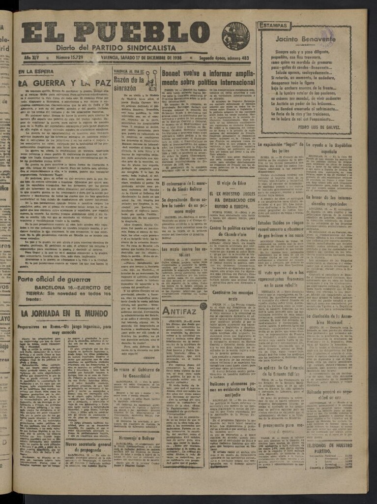 Miniatura de El Pueblo : Diario republicano de Valencia del 17 de diciembre de 1938, nº 15.729