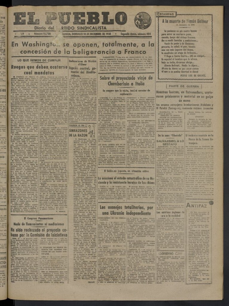 Miniatura de El Pueblo : Diario republicano de Valencia del 18 de diciembre de 1938, nº 15.730