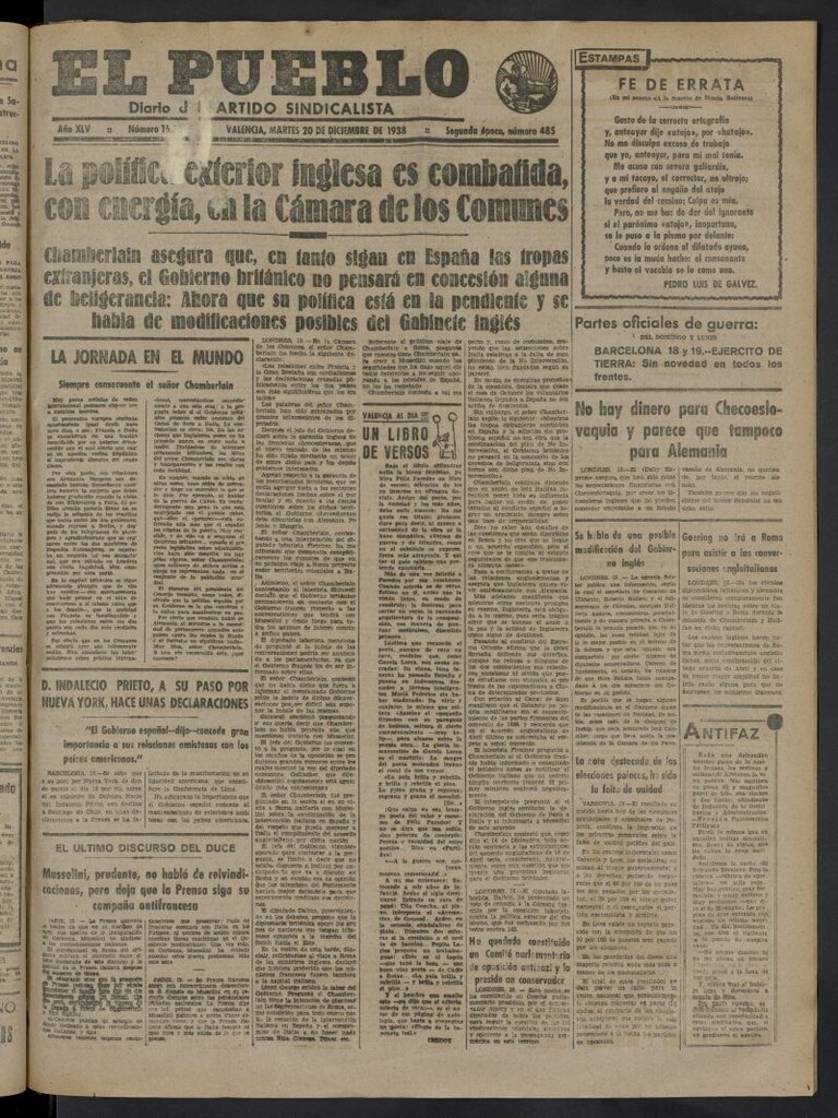 Miniatura de El Pueblo : Diario republicano de Valencia del 20 de diciembre de 1938, nº 15.731