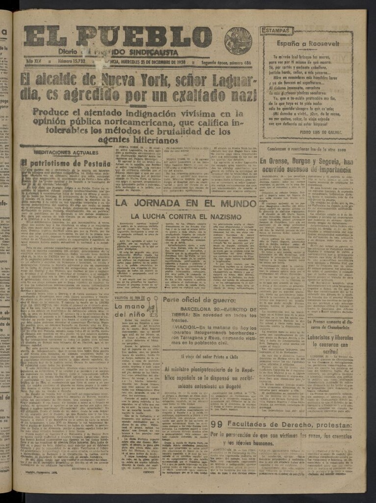 Miniatura de El Pueblo : Diario republicano de Valencia del 21 de diciembre de 1938, nº 15.732
