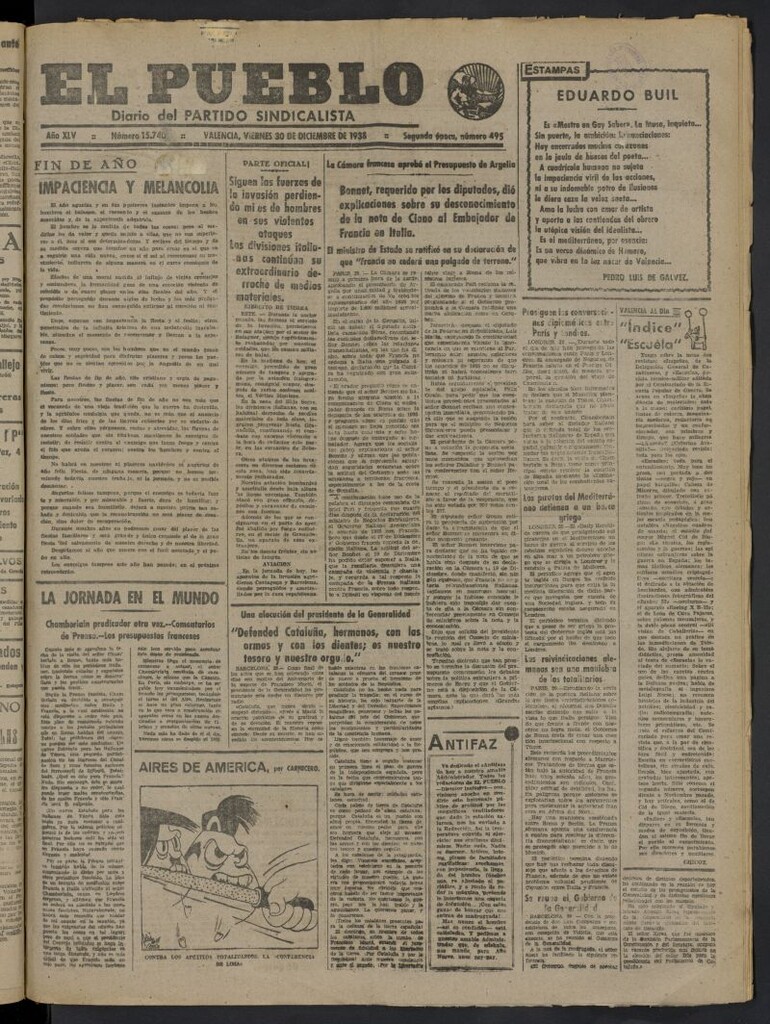 Miniatura de El Pueblo : Diario republicano de Valencia del 30 de diciembre de 1938, nº 15.740