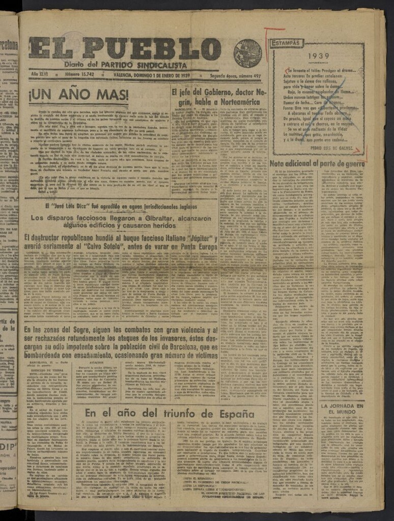 Miniatura de El Pueblo : Diario republicano de Valencia del 1 de enero de 1939, nº 15.742