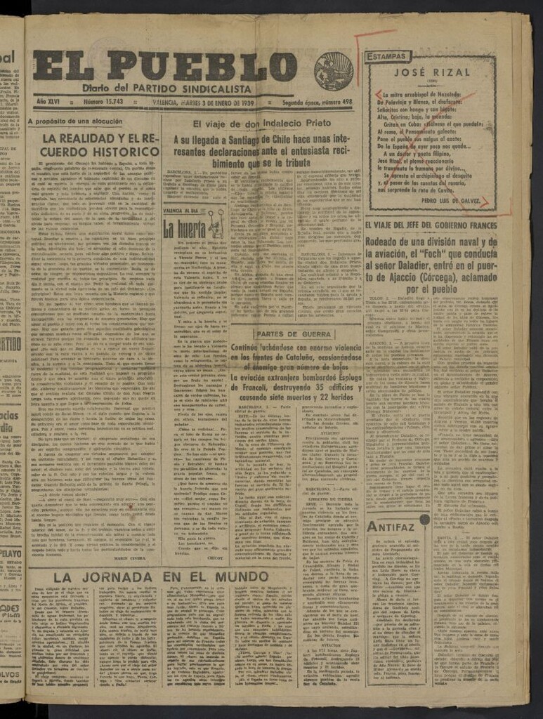 Miniatura de El Pueblo : Diario republicano de Valencia del 3 de enero de 1939, nº 15.743