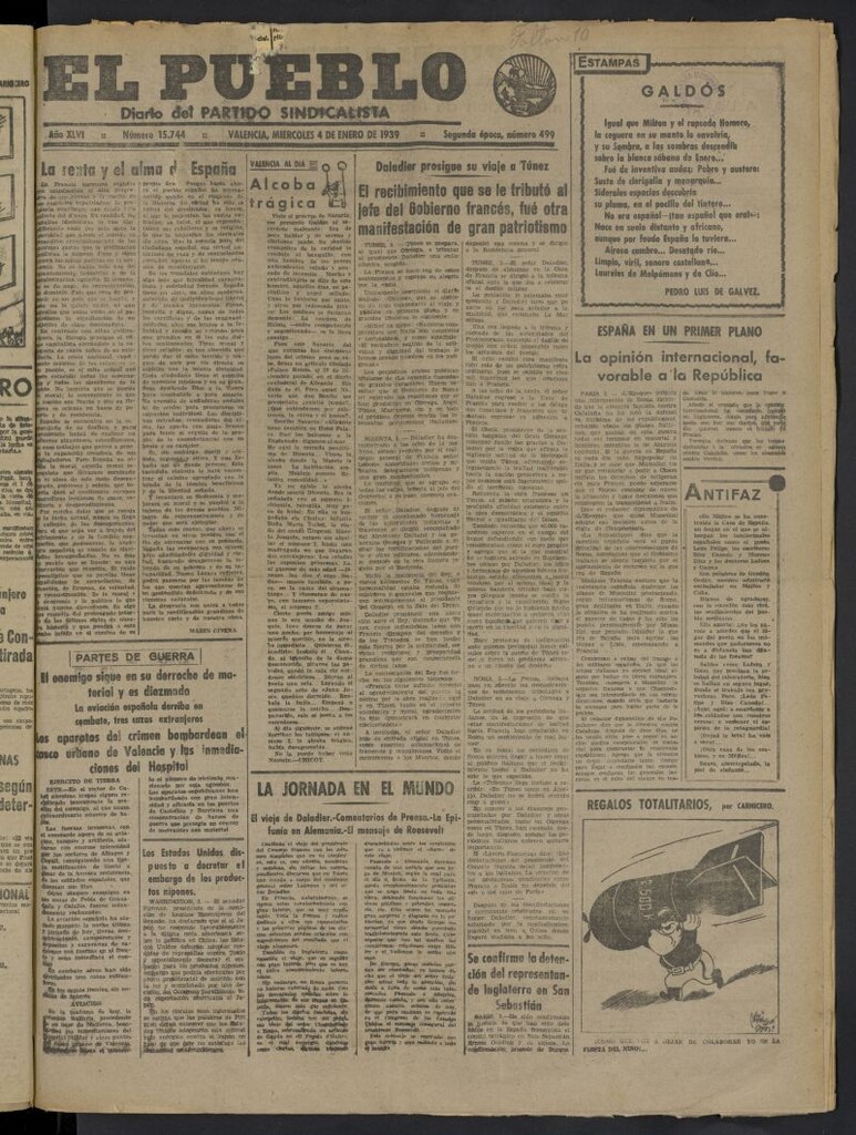 Miniatura de El Pueblo : Diario republicano de Valencia del 4 de enero de 1939, nº 15.744