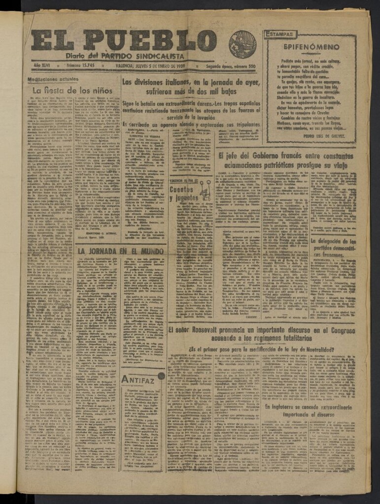 Miniatura de El Pueblo : Diario republicano de Valencia del 5 de enero de 1939, nº 15.745