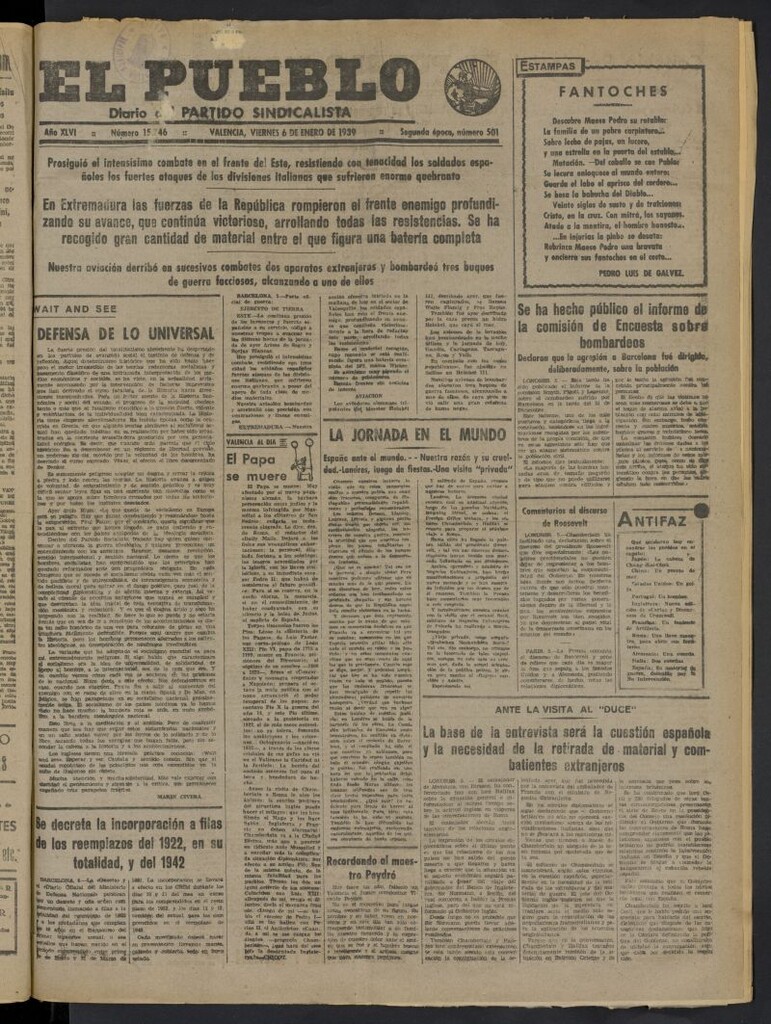 Miniatura de El Pueblo : Diario republicano de Valencia del 6 de enero de 1939, nº 15.746