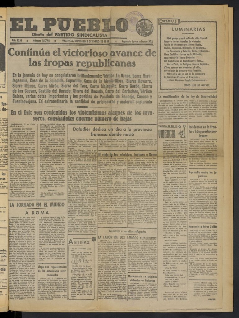 Miniatura de El Pueblo : Diario republicano de Valencia del 8 de enero de 1939, nº 15.748