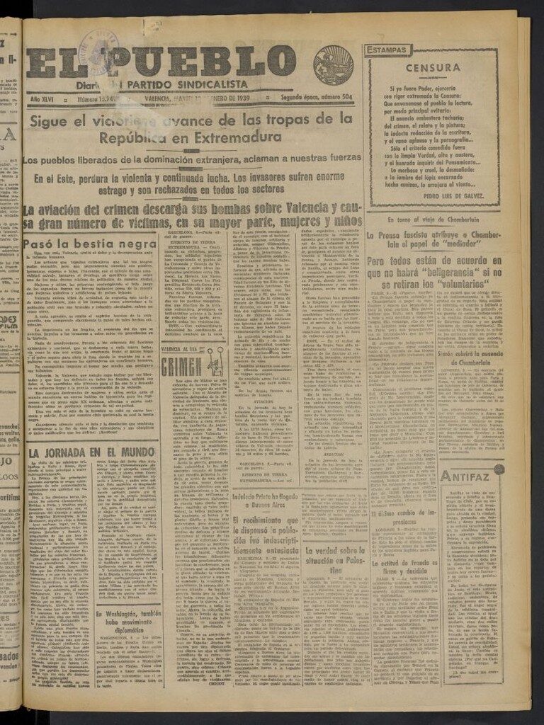 Miniatura de El Pueblo : Diario republicano de Valencia del 10 de enero de 1939, nº 15.749