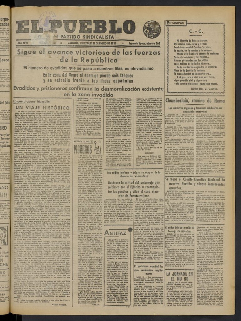 Miniatura de El Pueblo : Diario republicano de Valencia del 11 de enero de 1939, nº 15.750