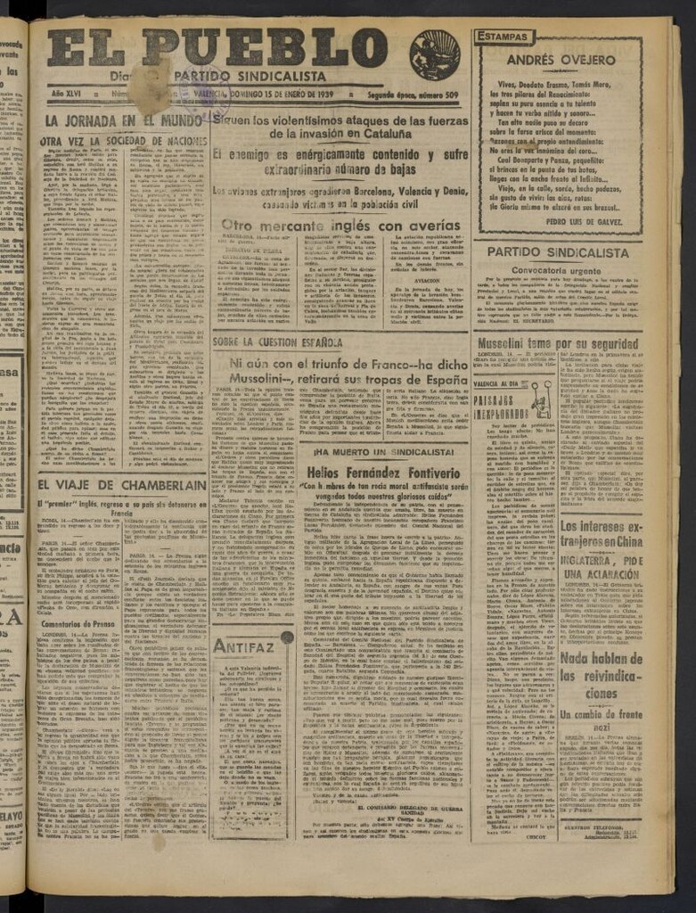 Miniatura de El Pueblo : Diario republicano de Valencia del 15 de enero de 1939, nº 15.754