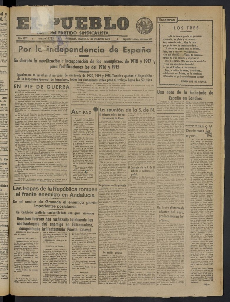 Miniatura de El Pueblo : Diario republicano de Valencia del 17 de enero de 1939, nº 15.755