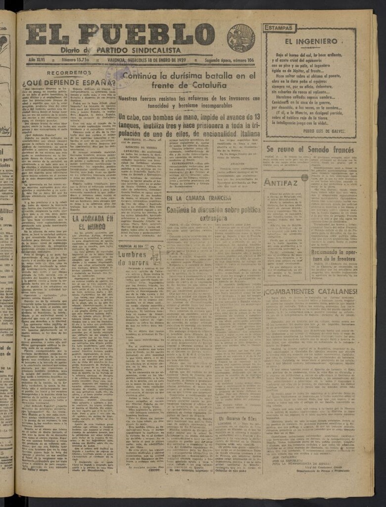 Miniatura de El Pueblo : Diario republicano de Valencia del 18 de enero de 1939, nº 15.756