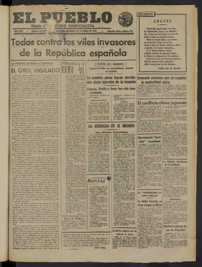 Miniatura de El Pueblo : Diario republicano de Valencia del 22 de enero de 1939, nº 15.760