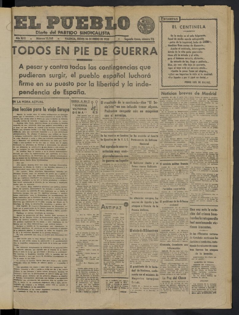 Miniatura de El Pueblo : Diario republicano de Valencia del 26 de enero de 1939, nº 15.763