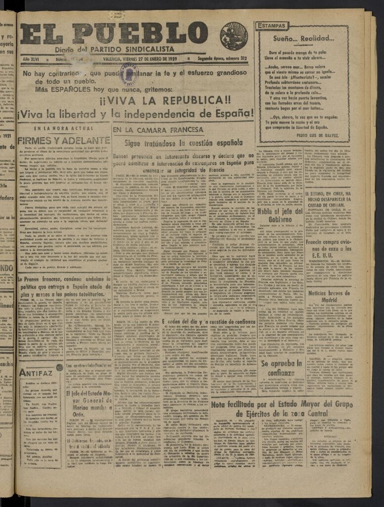 Miniatura de El Pueblo : Diario republicano de Valencia del 27 de enero de 1939, nº 15.764