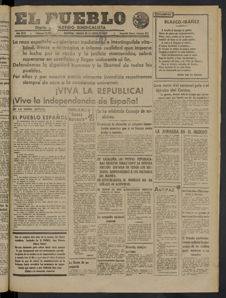 Miniatura de El Pueblo : Diario republicano de Valencia del 28 de enero de 1939, nº 15.765