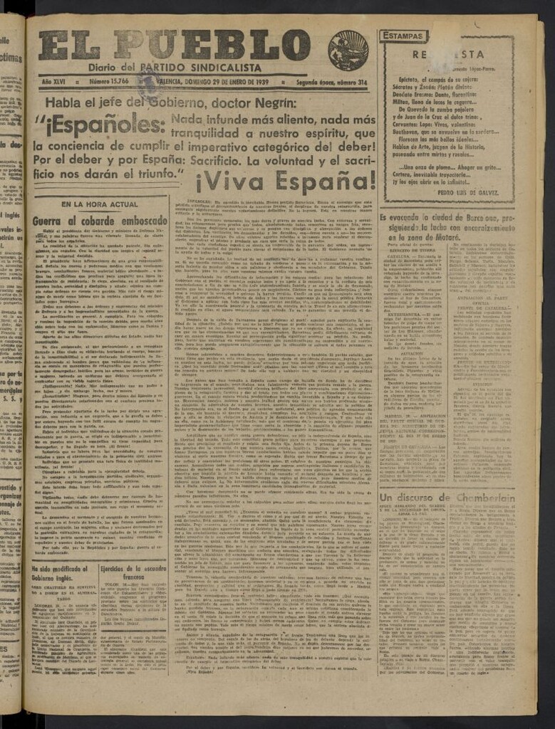 Miniatura de El Pueblo : Diario republicano de Valencia del 29 de enero de 1939, nº 15.766