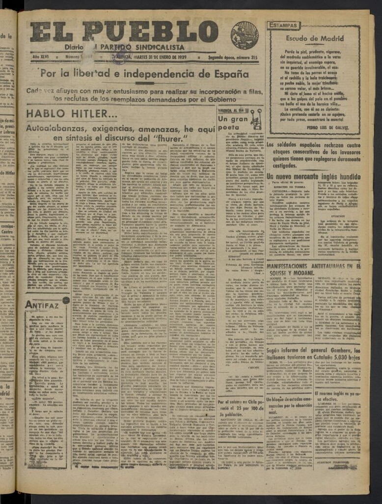 Miniatura de El Pueblo : Diario republicano de Valencia del 31 de enero de 1939, nº 15.767