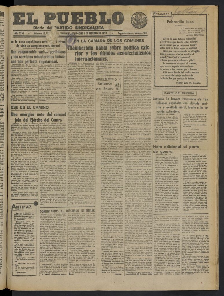 Miniatura de El Pueblo : Diario republicano de Valencia del 1 de febrero de 1939, nº 15.768