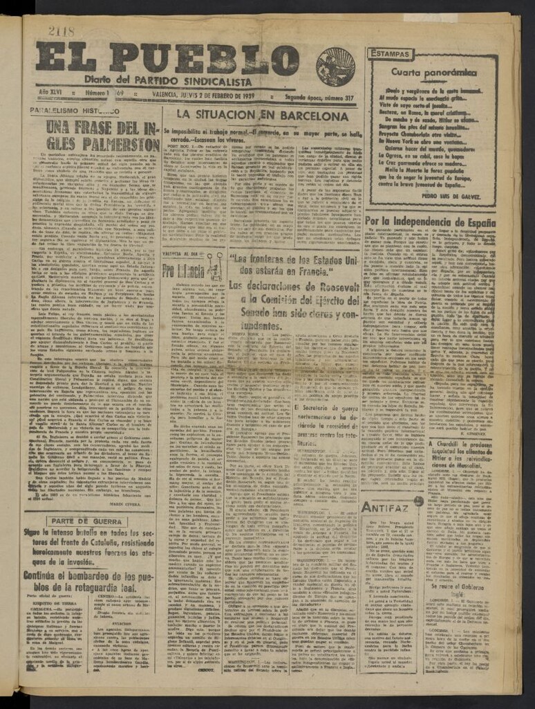 Miniatura de El Pueblo : Diario republicano de Valencia del 2 de febrero de 1939, nº 15.769
