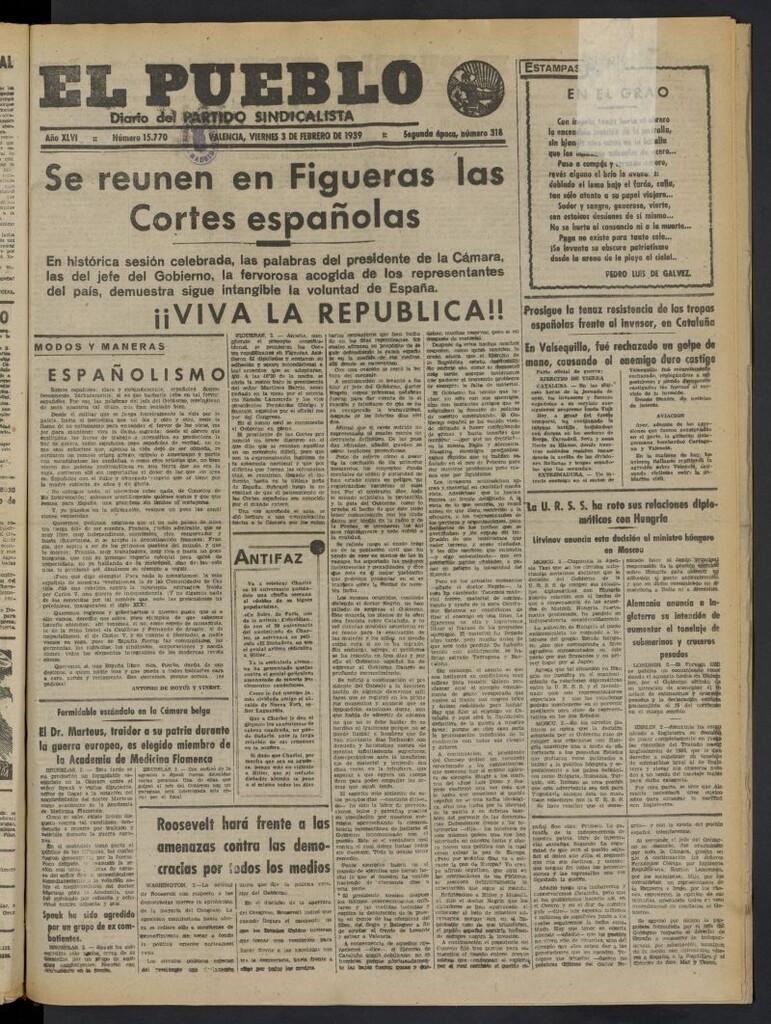 Miniatura de El Pueblo : Diario republicano de Valencia del 3 de febrero de 1939, nº 15.770