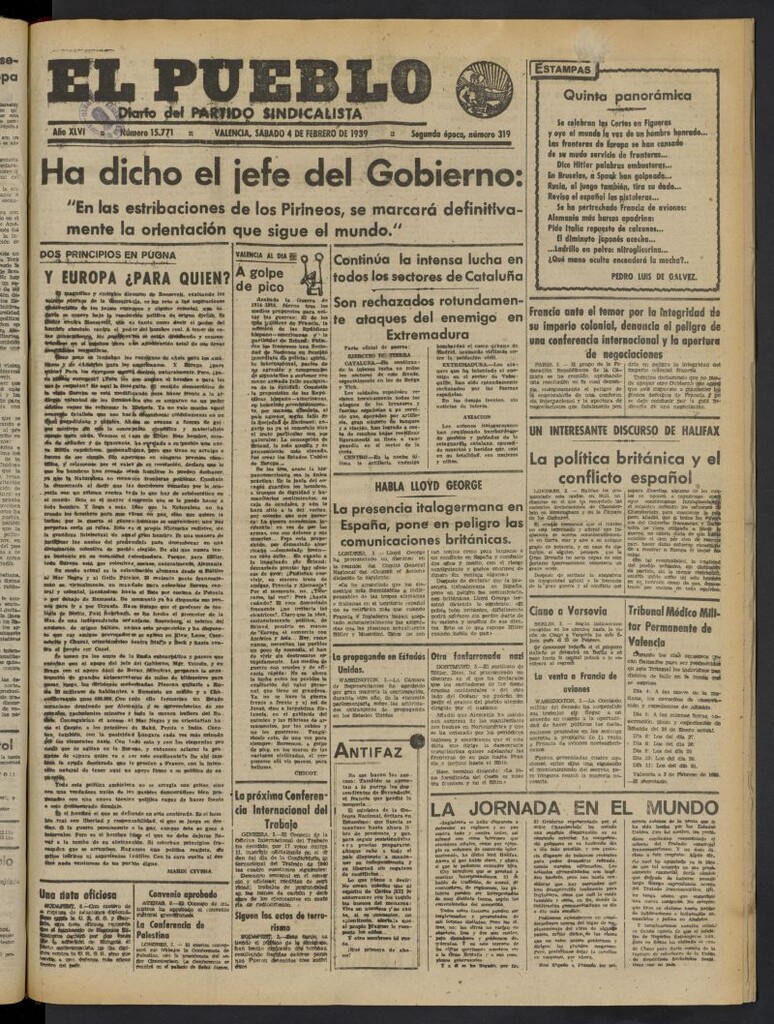 Miniatura de El Pueblo : Diario republicano de Valencia del 4 de febrero de 1939, nº 15.771