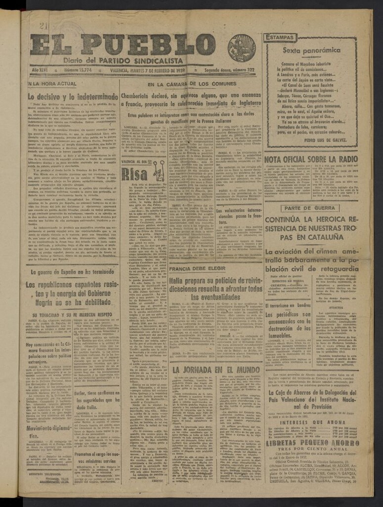 Miniatura de El Pueblo : Diario republicano de Valencia del 7 de febrero de 1939, nº 15.774