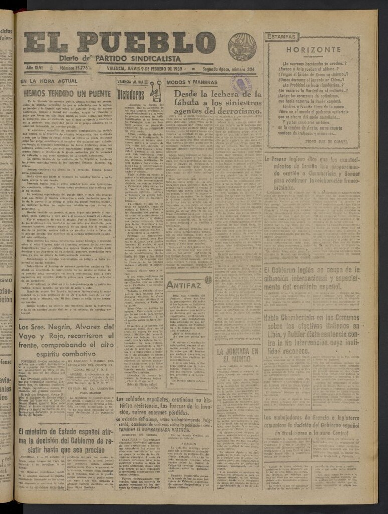Miniatura de El Pueblo : Diario republicano de Valencia del 9 de febrero de 1939, nº 15.776