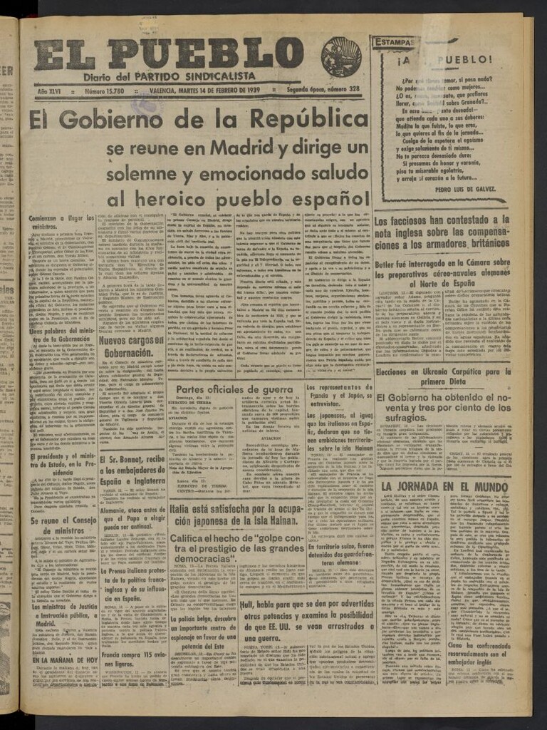 Miniatura de El Pueblo : Diario republicano de Valencia del 14 de febrero de 1939, nº 15.780