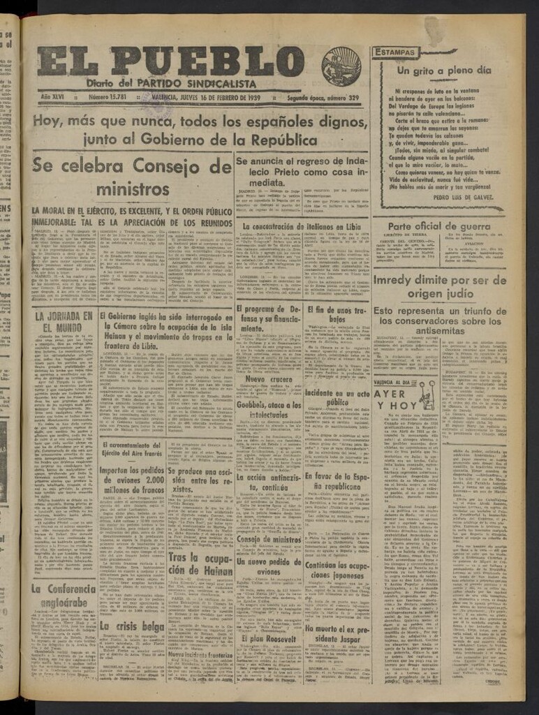 Miniatura de El Pueblo : Diario republicano de Valencia del 16 de febrero de 1939, nº 15.781