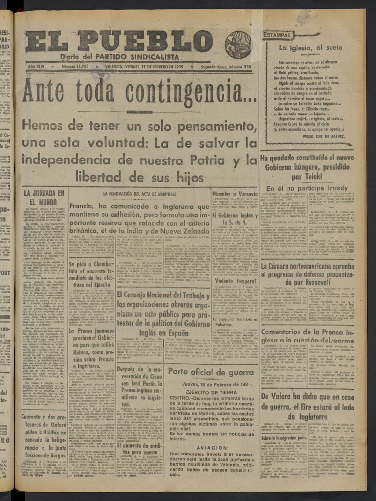 Miniatura de El Pueblo : Diario republicano de Valencia del 17 de febrero de 1939, nº 15.782