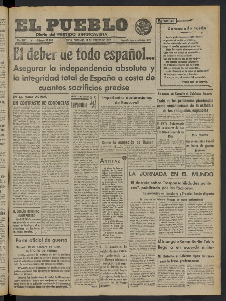 Miniatura de El Pueblo : Diario republicano de Valencia del 19 de febrero de 1939, nº 15.784